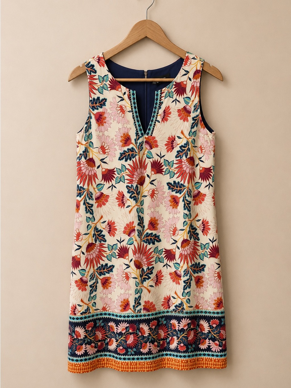 Sleeveless Floral Shift Dress in Cream with Red & Teal Accents